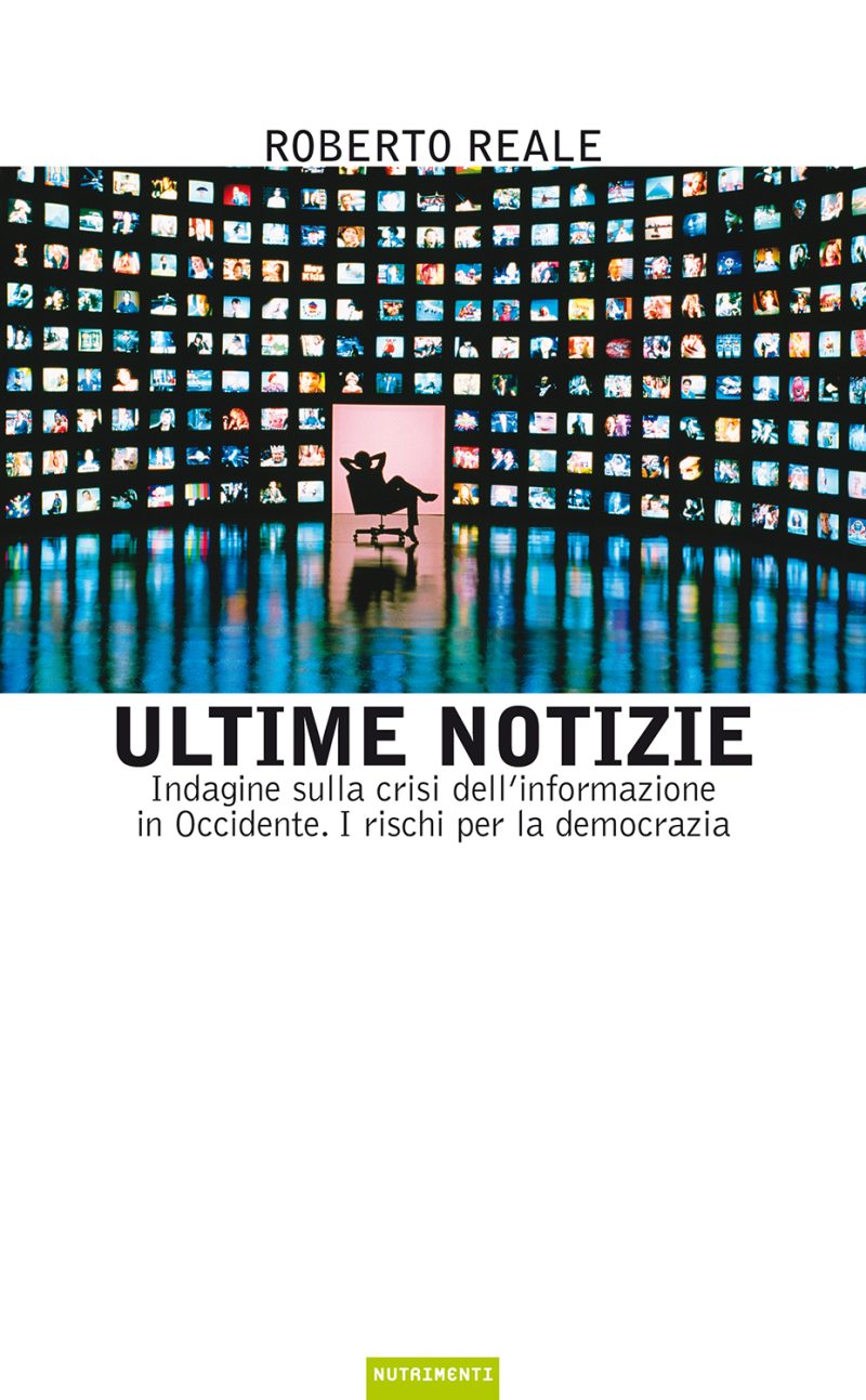 In copertina un uomo in poltrona guarda verso una parete sommersa da schermi televisivi