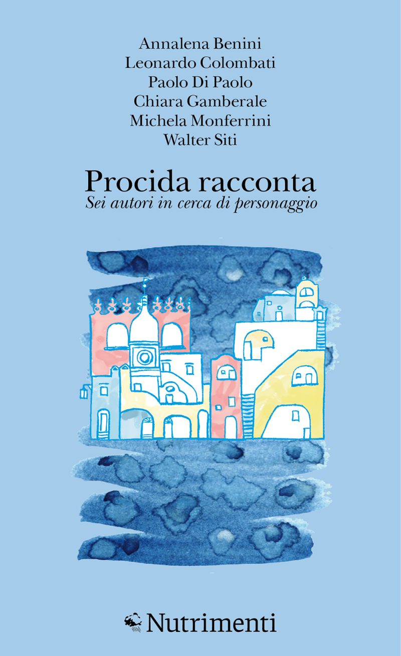 Un acquerello rappresenta il tipico profilo collorato delle case di Procida che si specchia sul mare. Il fondo su cui poggia è di colore azzurro.