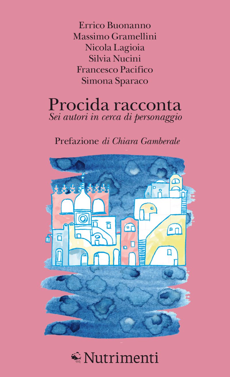 Un acquerello rappresenta il tipico profilo collorato delle case di Procida che si specchia sul mare. Il fondo su cui poggia è di colore rosa.