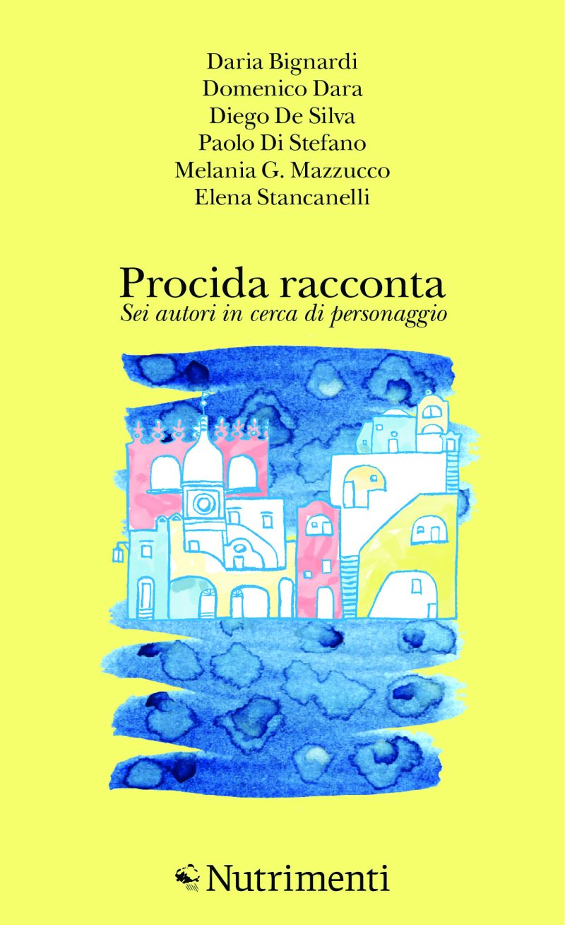 Un acquerello rappresenta il tipico profilo collorato delle case di Procida che si specchia sul mare. Il fondo su cui poggia è di color giallo limone.