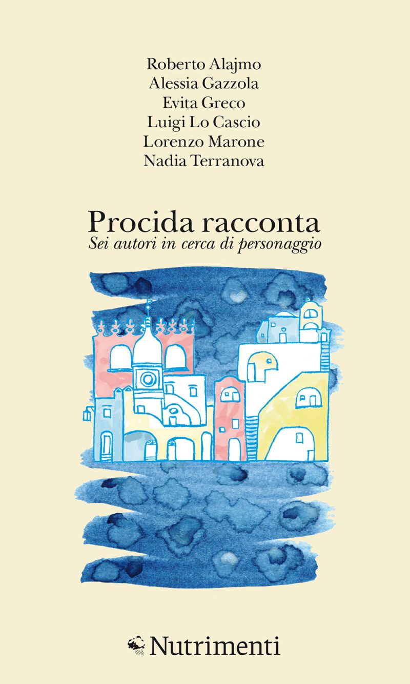 Un acquerello rappresenta il tipico profilo collorato delle case di Procida che si specchia sul mare. Il fondo su cui poggia è di colore crema.
