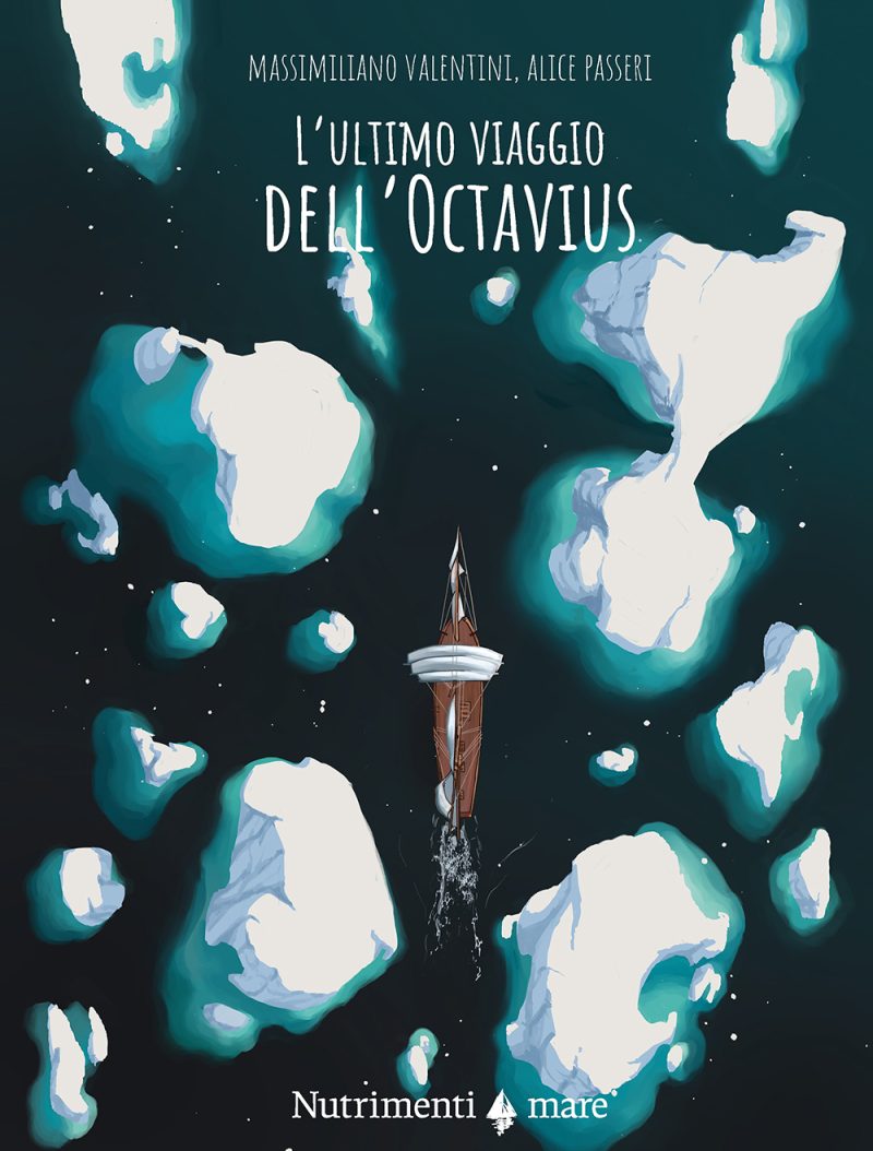 In copertina illustrazione dell’Octavius visto dall’alto mentre naviga tra gli iceberg